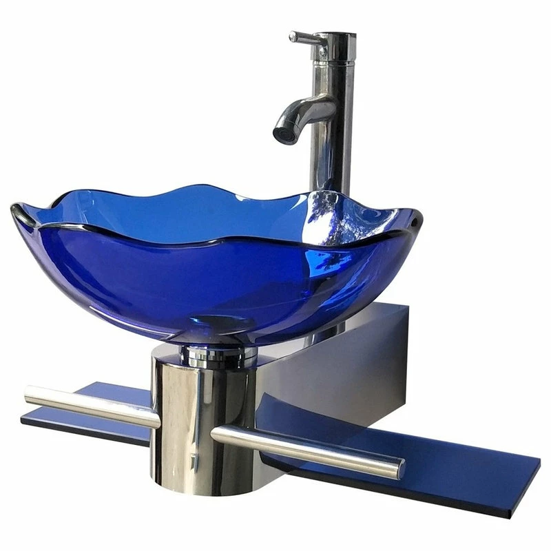 Cheap โญ Renovators Supply Manufacturing Blue Glass Wall Mount Sink Lotus Design With Chrome Faucet, Drain And Towel Bar ๐ - Image 3