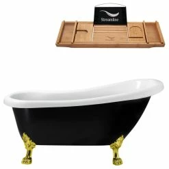 Coupon 🎁 Streamline 61" Black Clawfoot Tub And Tray, Gold Feet, Chrome Internal Drain 🛒