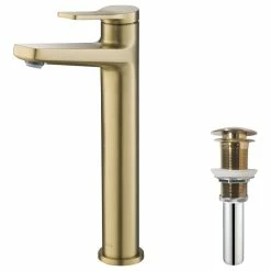 Coupon 🔔 Kraus USA, Inc. Indy Single Handle Lever 1-Hole Vessel Bathroom Faucet Brushed Gold With Drain 🤩