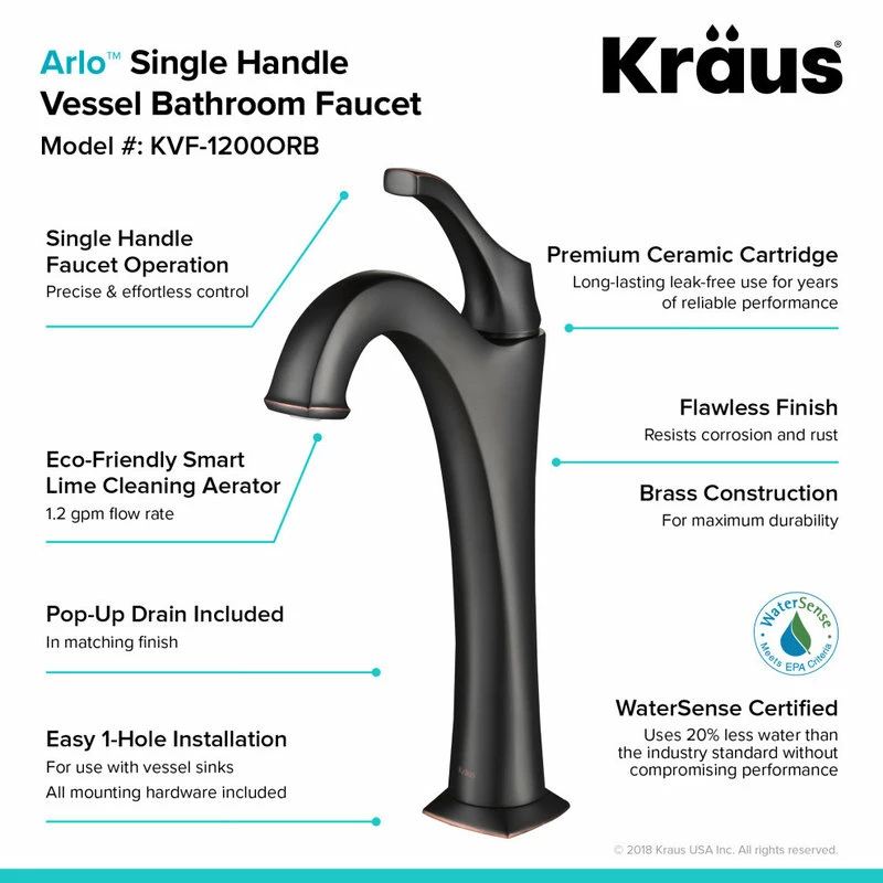 Brand new ๐ Kraus USA, Inc. Elavo Round Ceramic Vessel Sink, Bathroom Arlo Faucet, Drain, Oil Rub Bronze โญ - Image 7