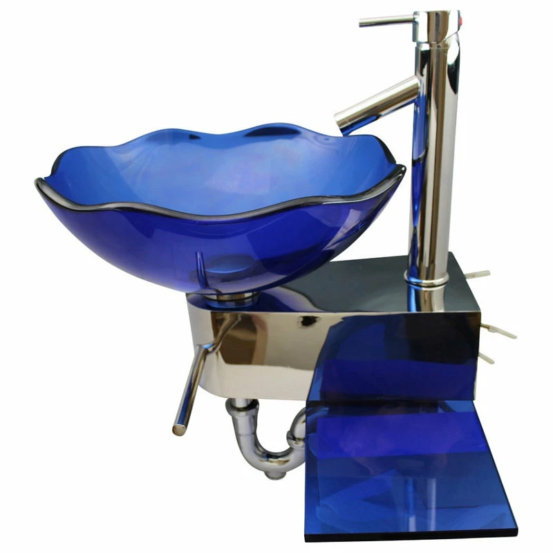 Cheap โญ Renovators Supply Manufacturing Blue Glass Wall Mount Sink Lotus Design With Chrome Faucet, Drain And Towel Bar ๐ - Image 13