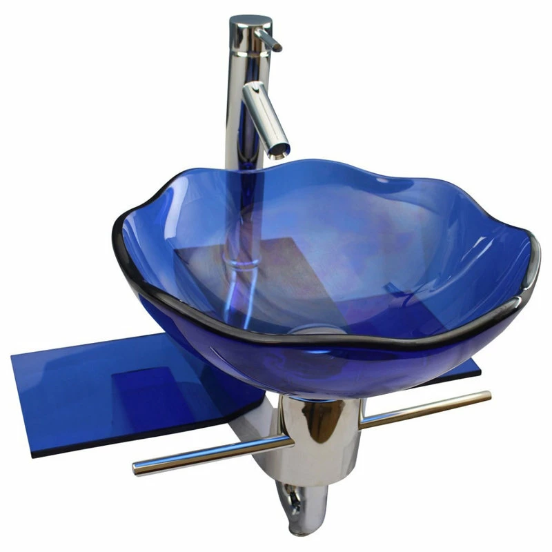 Cheap โญ Renovators Supply Manufacturing Blue Glass Wall Mount Sink Lotus Design With Chrome Faucet, Drain And Towel Bar ๐ - Image 14
