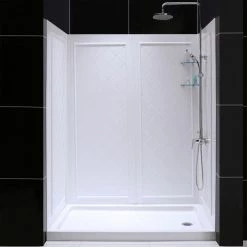 Best Sale 🥰 DreamLine 30 D X 60 W X 76.75 H Right Drain Acrylic Shower Base, QWALL-5 Backwall, White 😍