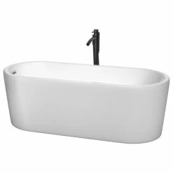 Flash Sale 😉 Wyndham Collection Ursula 67" Freestanding White Bathtub, Polished Chrome Trim & Black Tub Filler 🔔