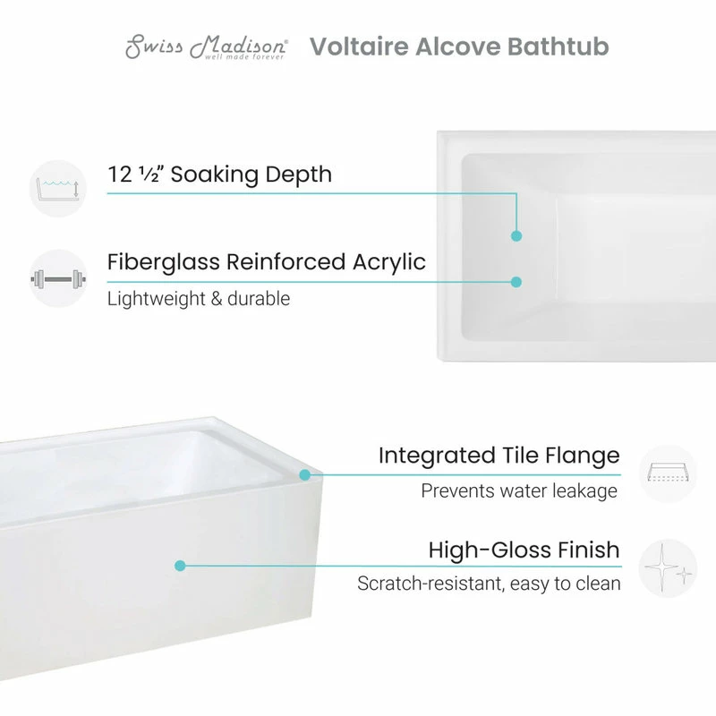Flash Sale ๐ Swiss Madison Voltaire 48" X 32" Left-Hand Drain Alcove Bathtub With Apron ๐ฅฐ - Image 6