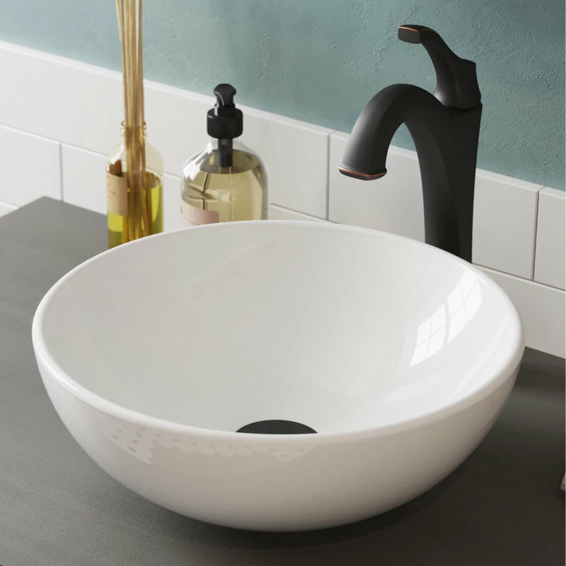 Brand new ๐ Kraus USA, Inc. Elavo Round Ceramic Vessel Sink, Bathroom Arlo Faucet, Drain, Oil Rub Bronze โญ