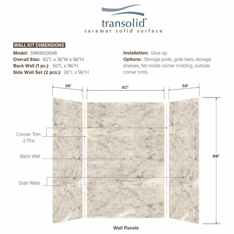 Hot Sale 🎁 Transolid SWK603696-49 Saramar 60"x36"x96" Shower Wall Kit, Sand Creme 🤩 - Image 3