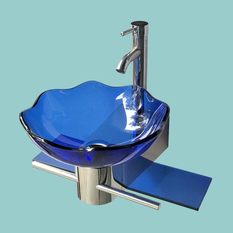 Cheap โญ Renovators Supply Manufacturing Blue Glass Wall Mount Sink Lotus Design With Chrome Faucet, Drain And Towel Bar ๐ - Image 2