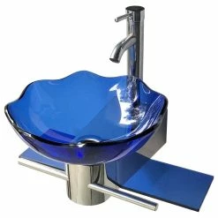 Cheap ⭐ Renovators Supply Manufacturing Blue Glass Wall Mount Sink Lotus Design With Chrome Faucet, Drain And Towel Bar 🛒
