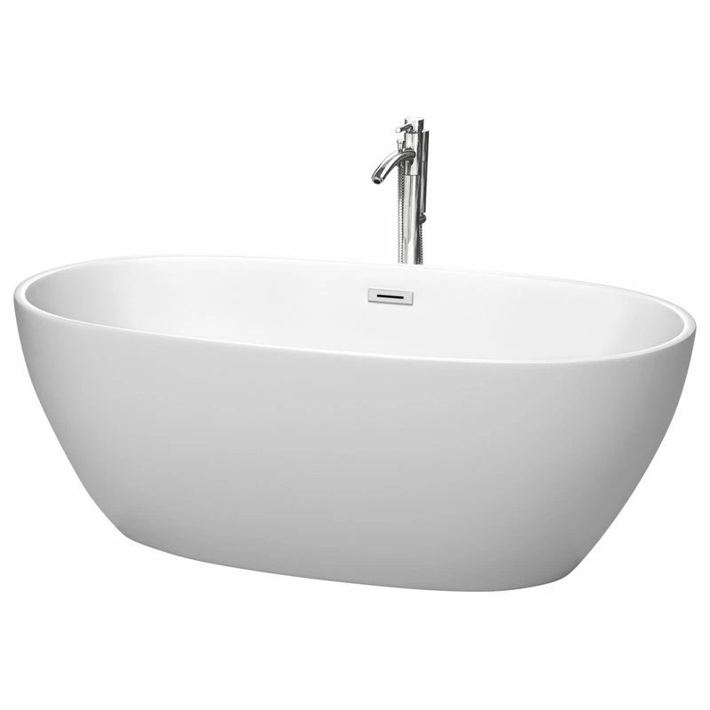 Best Sale ๐ Wyndham Collection Juno 63" Freestanding Matte White Bathtub, Polished Chrome Tub Filler And Trim ๐งจ